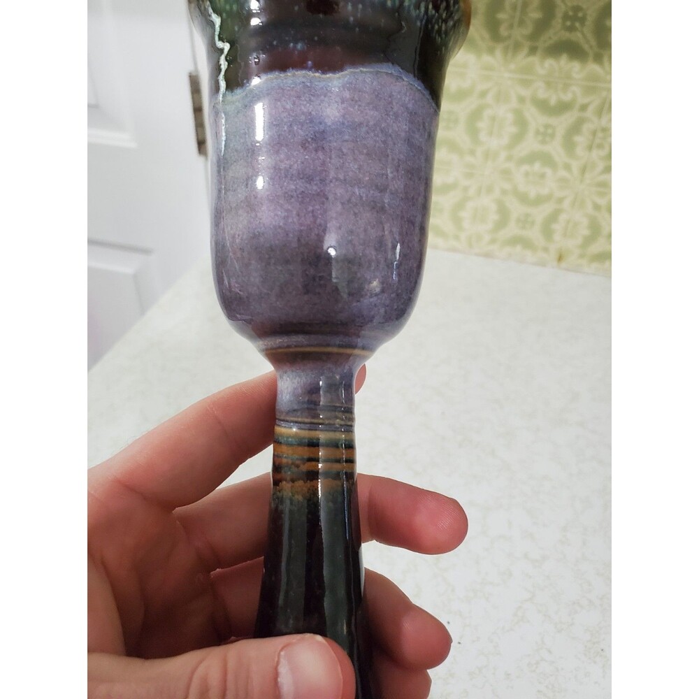 Handmade Stoneware Goblet Chalice Art Pottery Purple Drip Glaze 9" - Picture 3 of 9